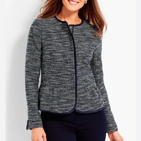 Talbots Navy Tweed Fringe Peplum
Jacket Blazer Zip Up Size 2 Petite - Picture 1 of 8